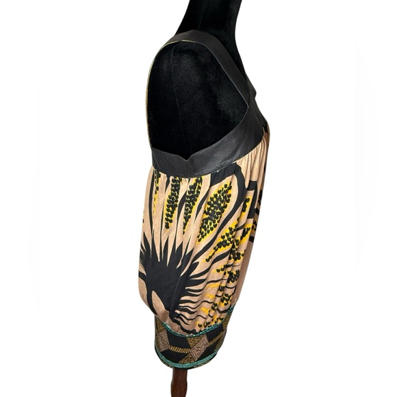 Marciano Silk and Leather halter Floral Black and Tan Dress - Picture 4 of 13